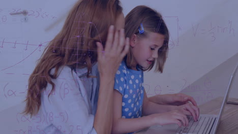 Using-laptop,-woman-and-child-with-mathematical-equations-animation-in-background