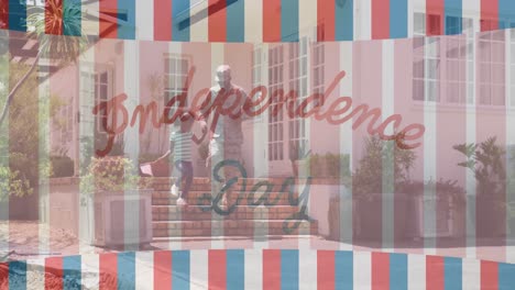 independence day text banner against african american soldier in uniform walking with his daughter