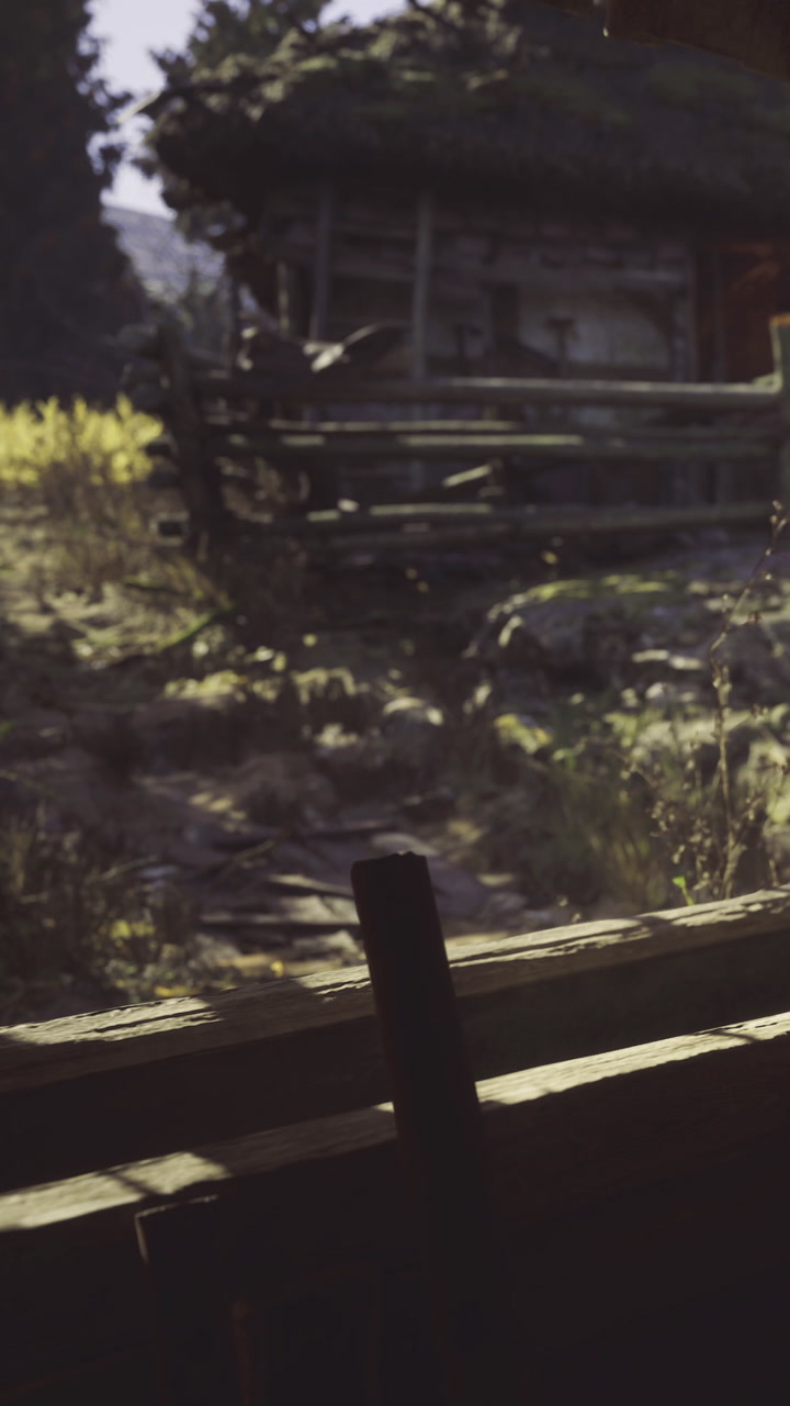 Rustic cabin scene in a tranquil forest setting during golden hour