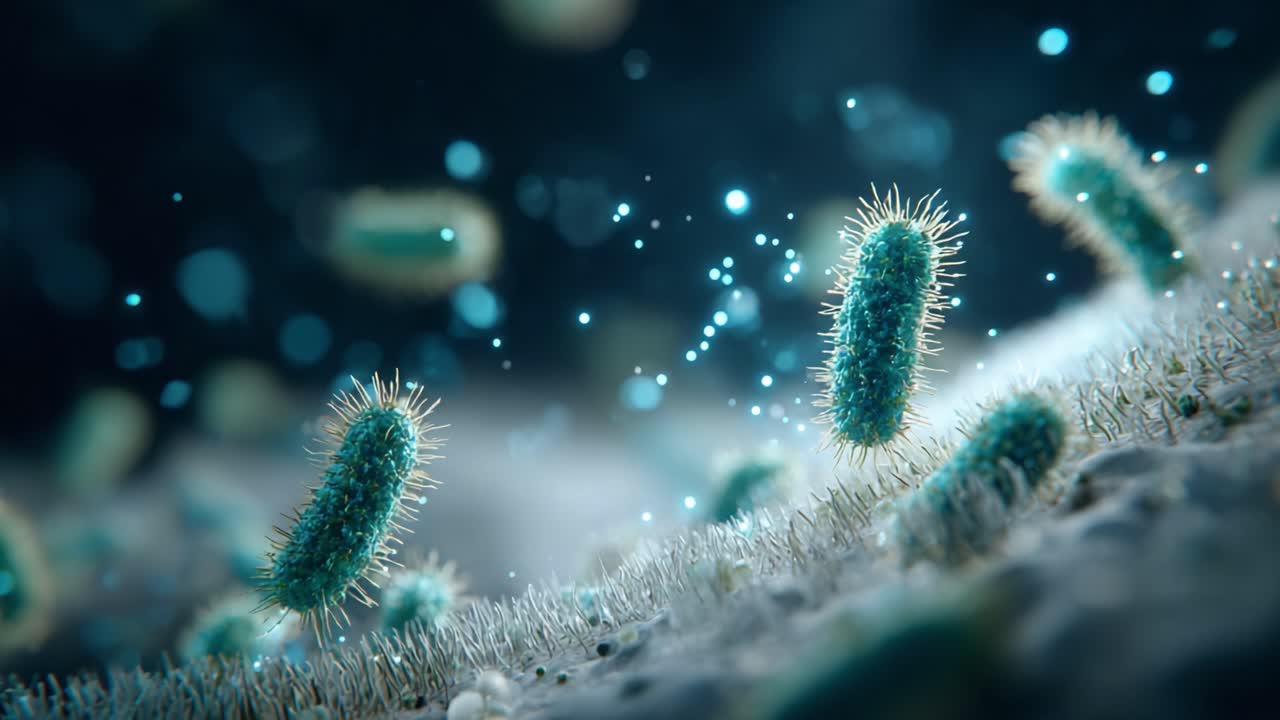 Mundo Microscópico: Impresionante visualización de bacterias y microorganismos capturados en un entorno vibrante de tonos azules y verdes, mostrando sus formas y estructura intrincadas.