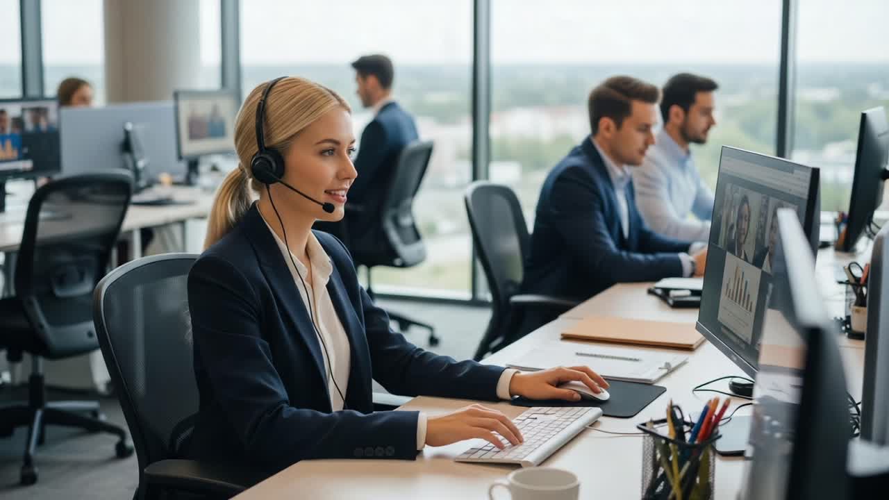 A Professional Office Scene Highlighting a Focused Female Employee Engaged in Work While Collaborating with Colleagues in a Modern Business Environment