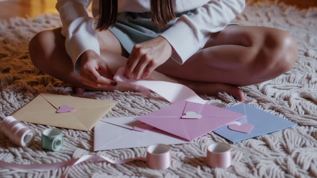Woman crafting personalized envelopes with ribbons and hearts