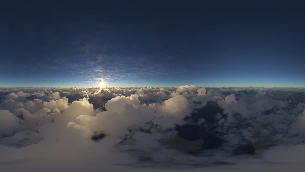 un mapa de esfera panorámica de 360-180 de volar sobre las nubes cerca de la hora de la puesta del sol