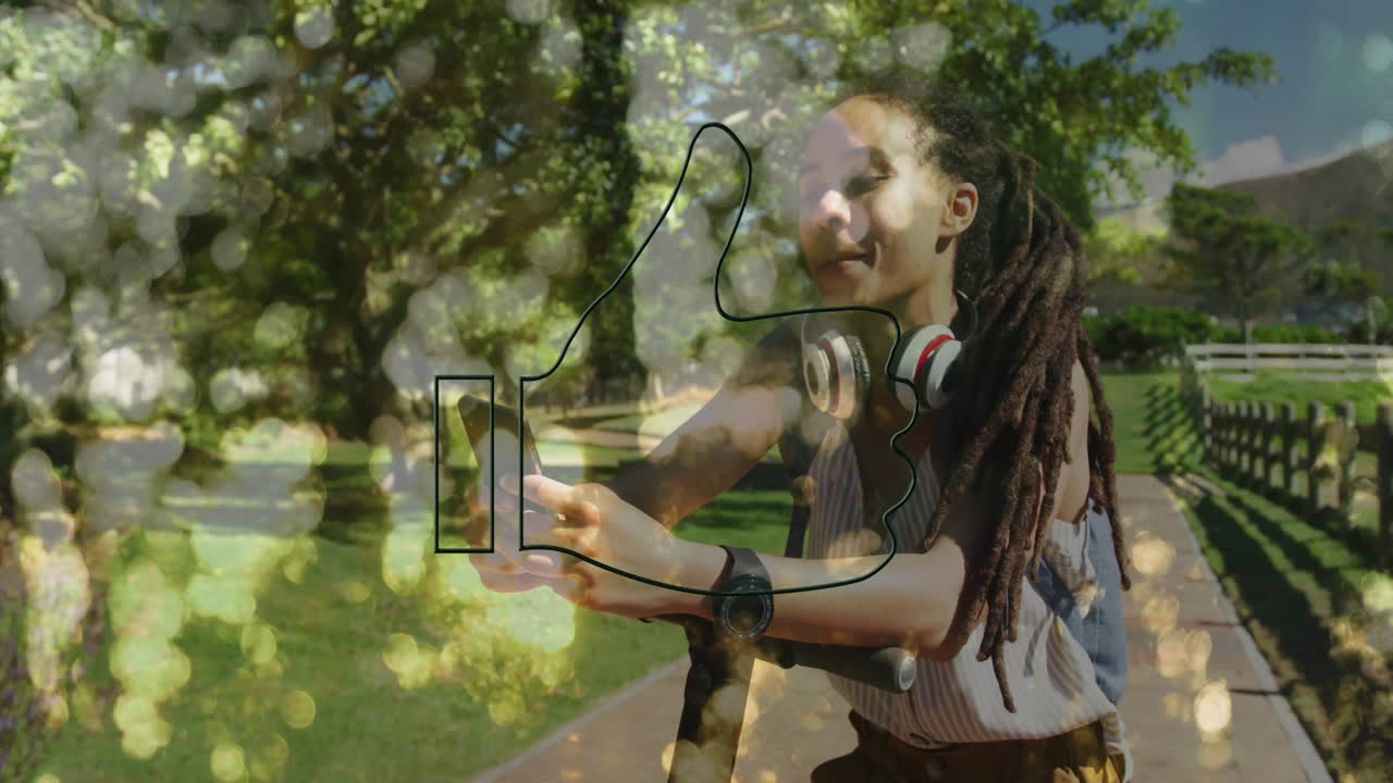 Woman riding scooter in park, holding smartphone for technology marketing with neon thumb icon