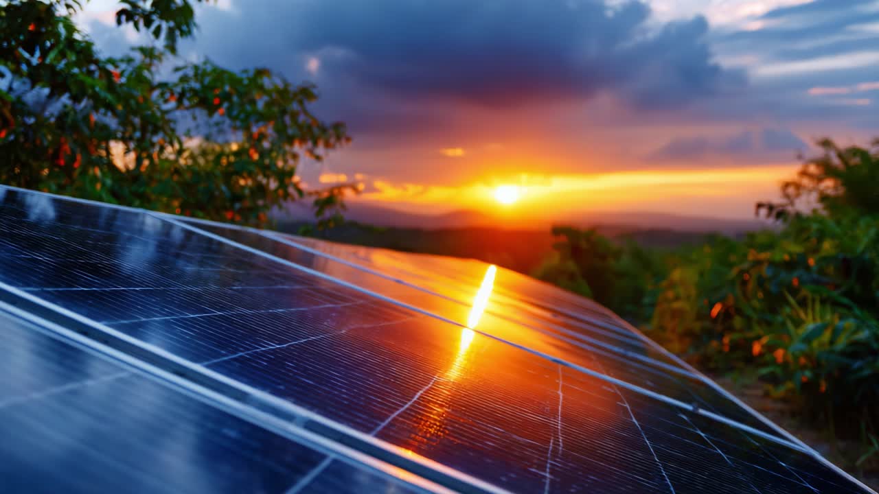 Beautiful Sunset Reflection on Solar Panels: Harnessing Renewable Energy with Nature's Stunning Backdrop in Vibrant Colors and Captivating Atmosphere at Dusk