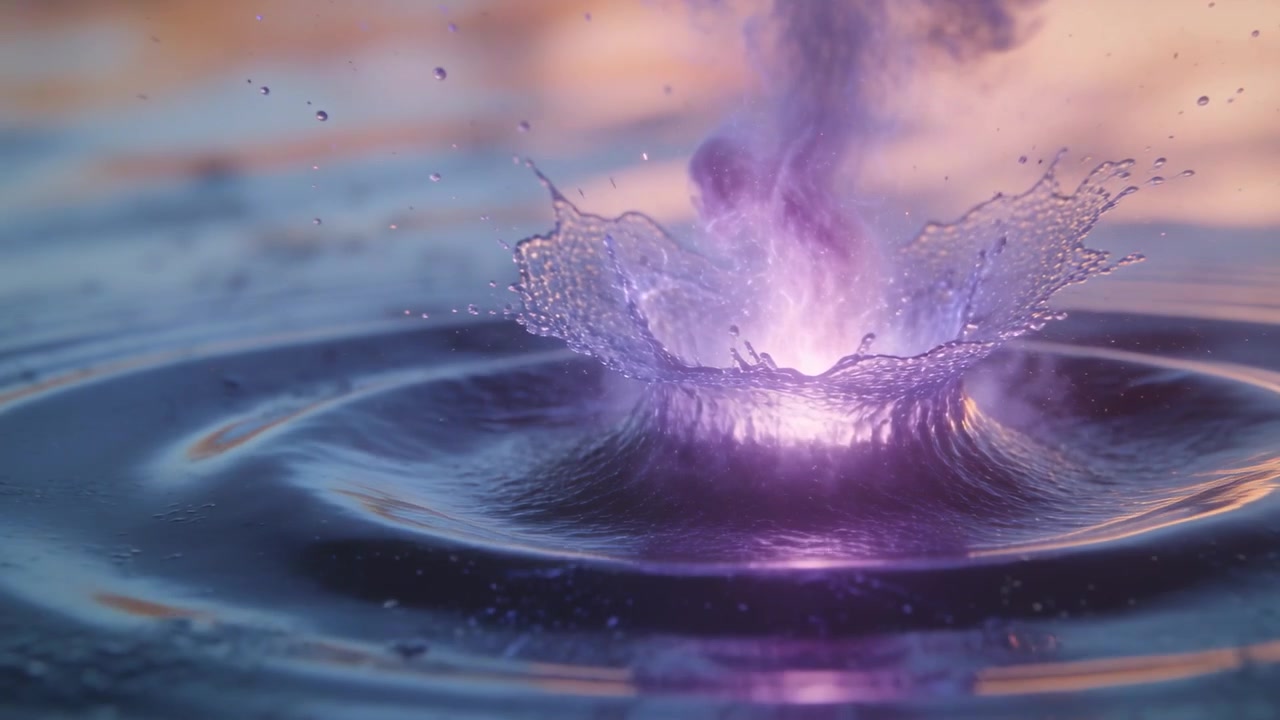 Meeting purple column, crown-shaped splash forming on calm pond at sunrise, creating ripples