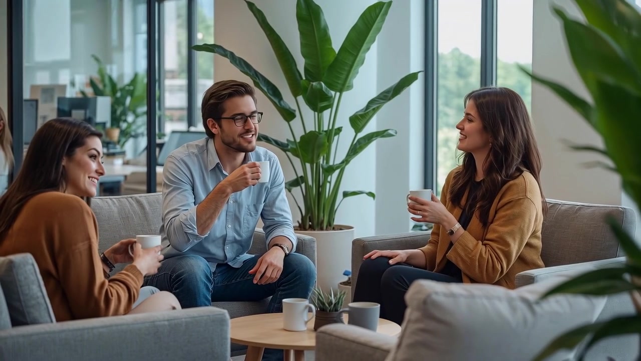 Iniciando a pausa para o café, três colegas de trabalho com roupas casuais de negócios conversando no lounge do escritório com canecas.