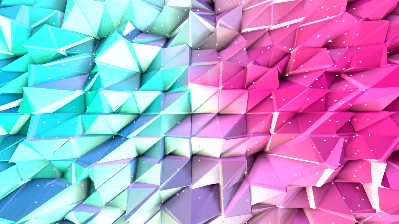abstracto simple azul rosa baja poli superficie 3d y cristales blancos voladores como fondo de tecnología. fondo de baja poli geométrico suave de polígonos rosados azules puros. fondo de bucle sin costuras 4k fullhd.