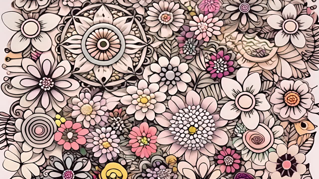 Colorful floral pattern animation with various intricate flower designs and shapes