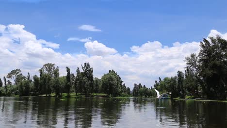 Vista-De-Xochimilco-Con-Cielo-Azul-Con-Garza-Blanca-Pasando-Volando