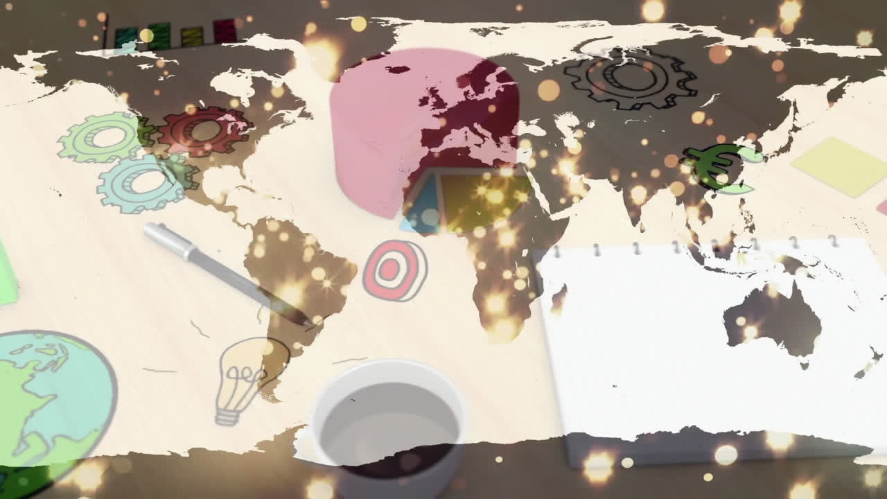 World map and animation with gears, lightbulb, and coffee cup on workspace