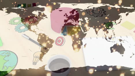 world map and animation with gears, lightbulb, and coffee cup on workspace