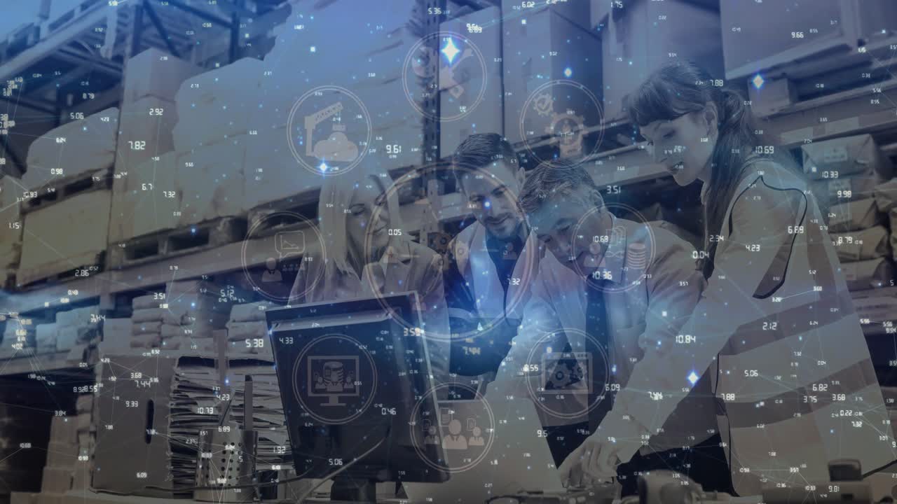 창고 구성 창고에서 일하는 사람들이 애니메이션 일러스트레이션과 결합됩니다.