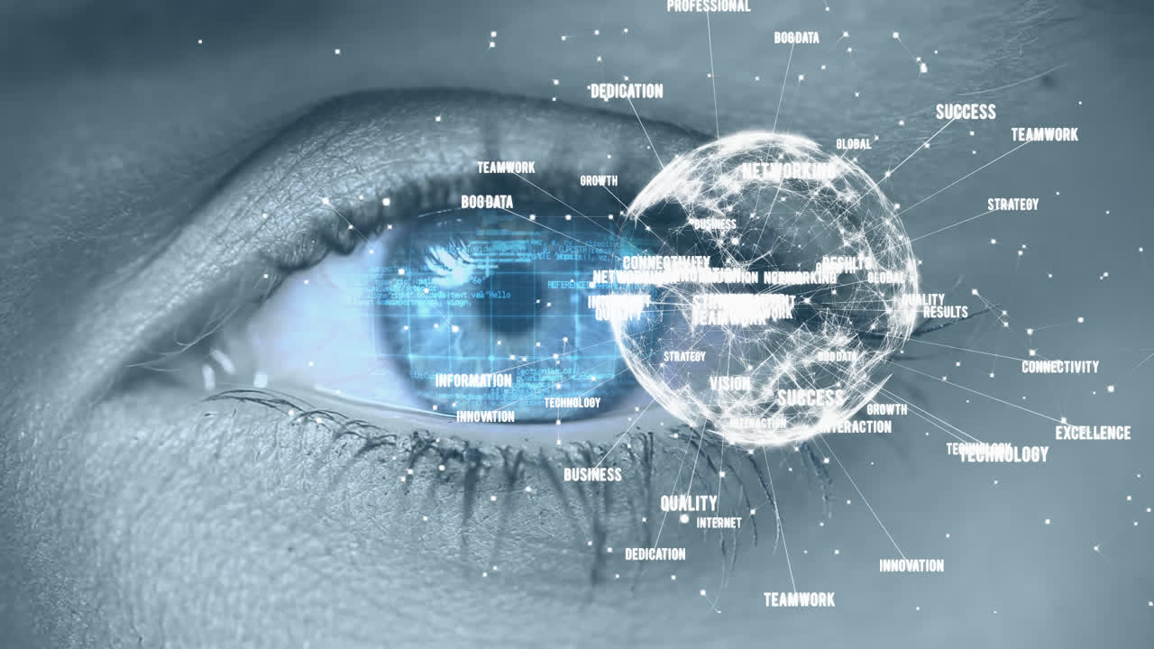 primer plano de un ojo azul viendo un globo digital