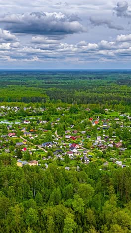 Aerial dolly hyperlapse above fields, crossing forest into town under a cloudy afternoon sky
