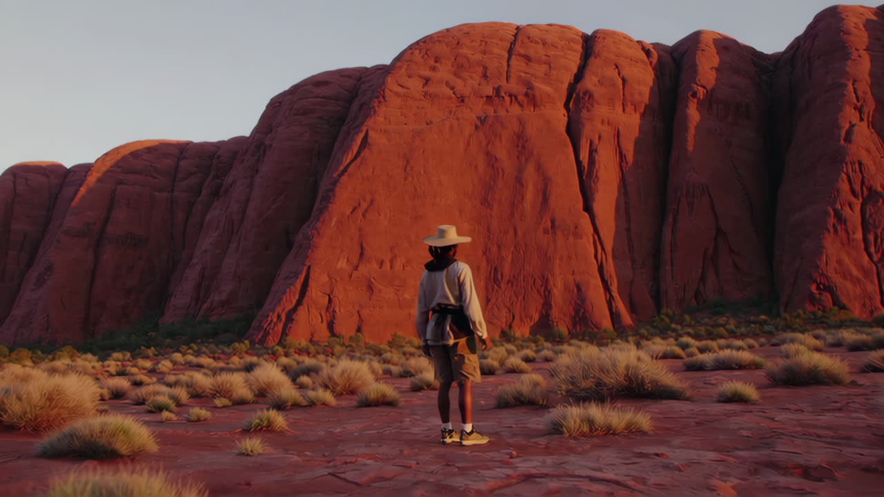 Person standing before a massive red rock formation at sunrise or sunset