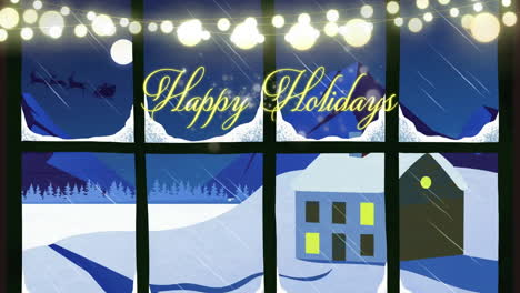 animation of happy holidays text over christmas decorations and santa claus in sleigh with window