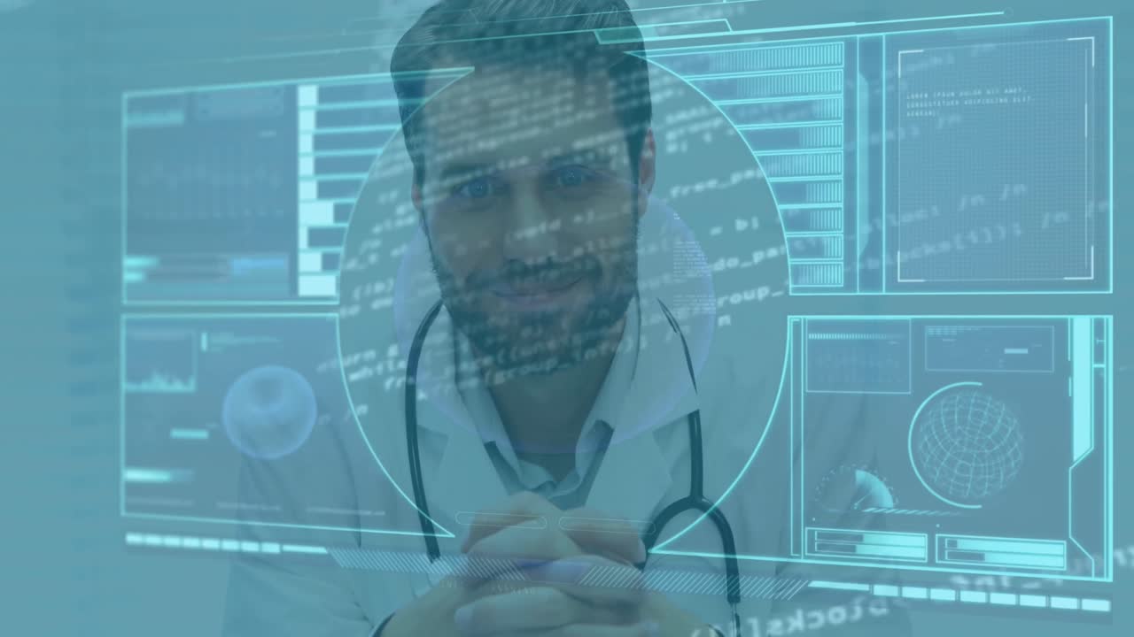 animación del procesamiento de datos en la interfaz digital sobre un médico sonriente