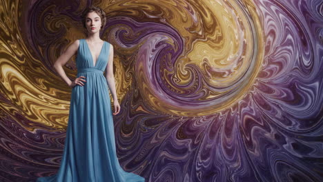 woman in blue gown against abstract swirl background