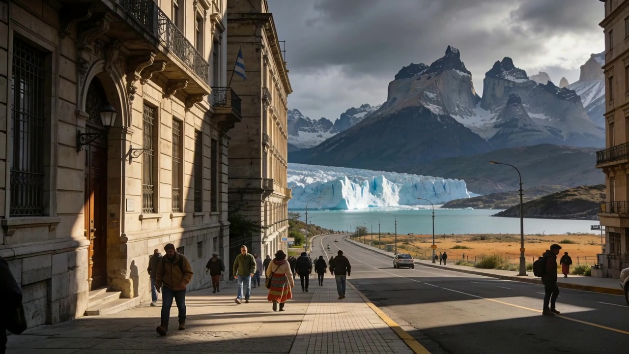 Entrando in una strada più in basso, pedoni camminano in salita verso un ghiacciaio, una donna con una gonna colorata nelle vicinanze.