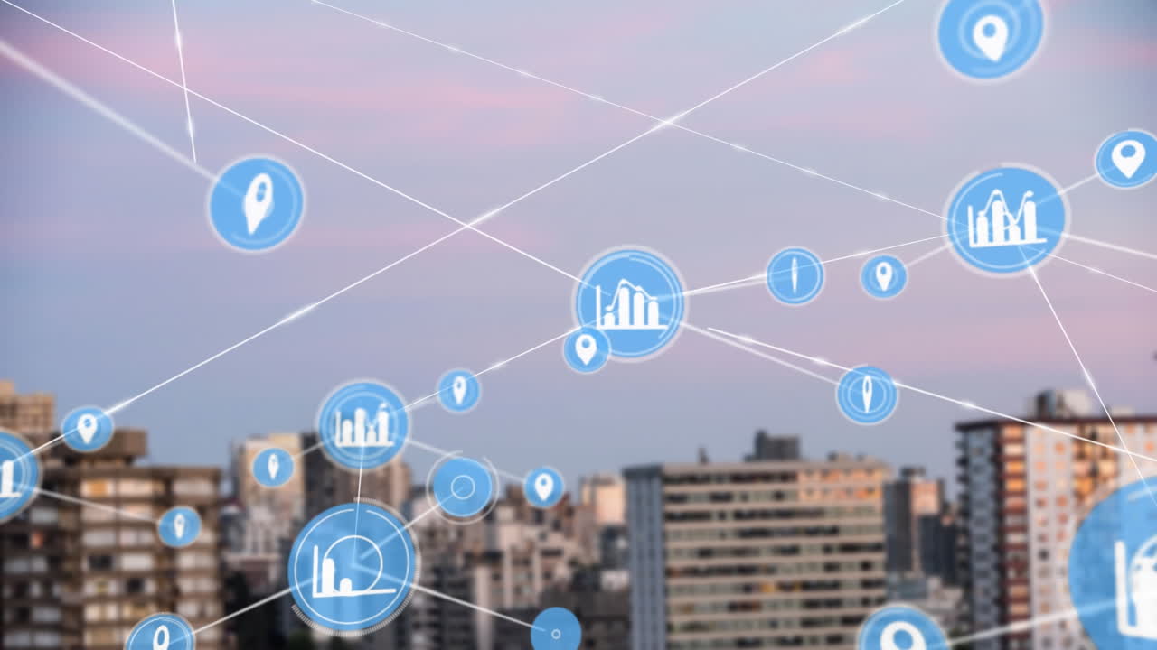 하늘을 향한 높은 건물의 공중 시야에서 디지털 아이콘 네트워크의 애니메이션