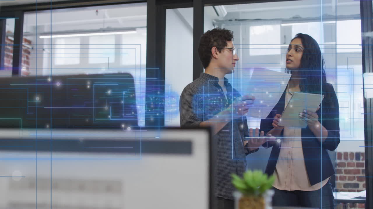 Animation of financial data processing over diverse business people in office