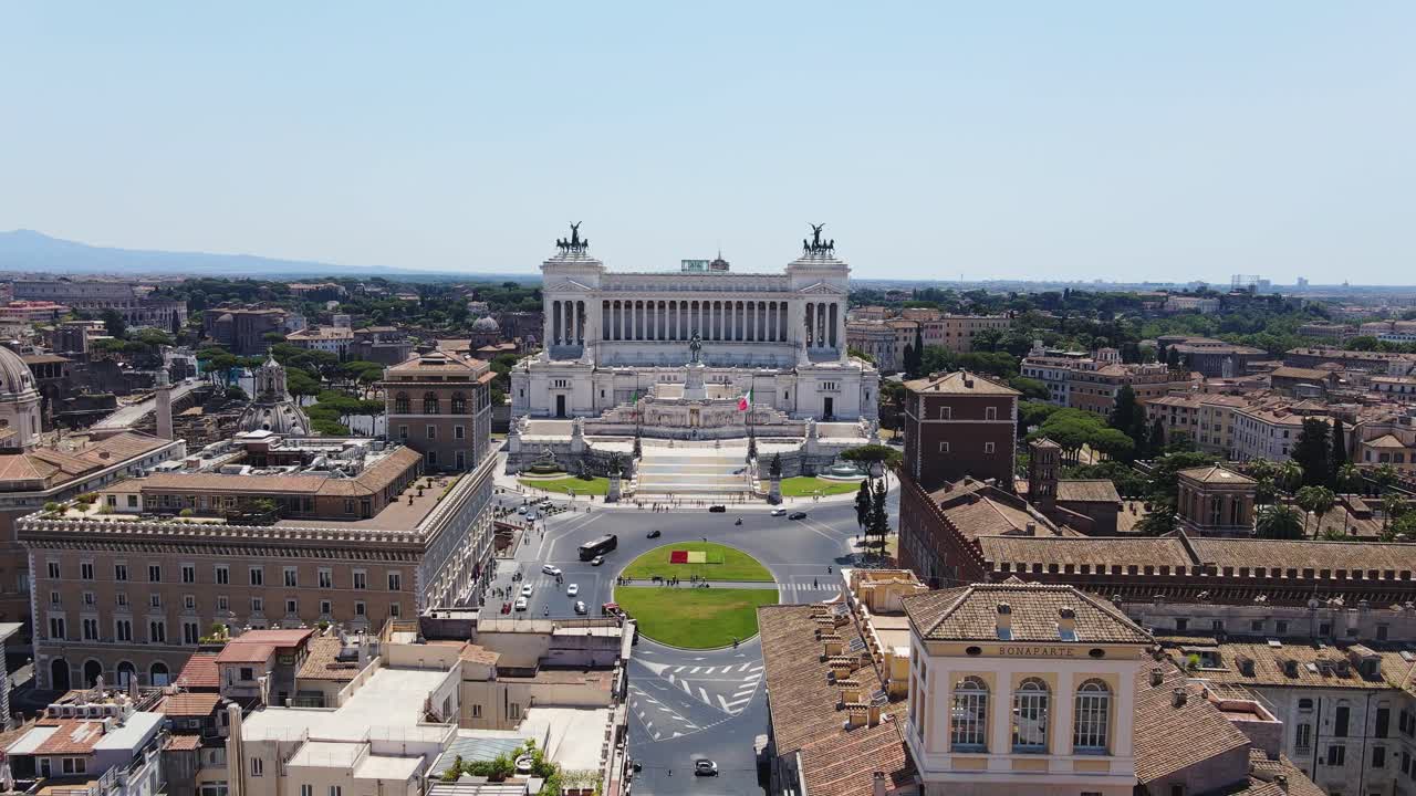 Stunning aerial establishing shot of Piazza Venezia and Rome’s grand monument