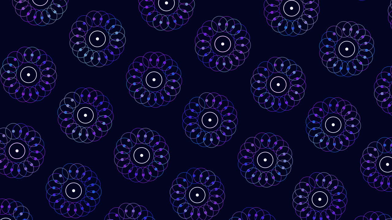 Motivo a spirale dinamico di cerchi viola e blu su sfondo nero