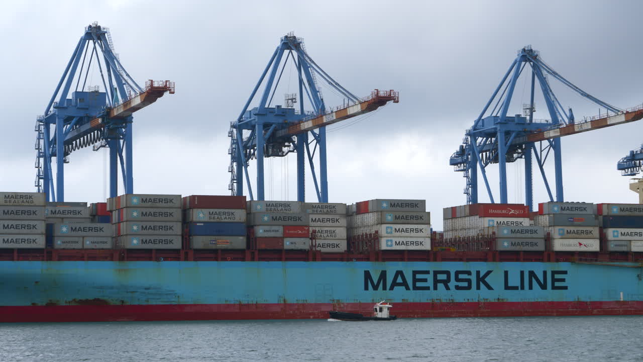 Gantry cranes unloading containers from a cargo ship. Static.