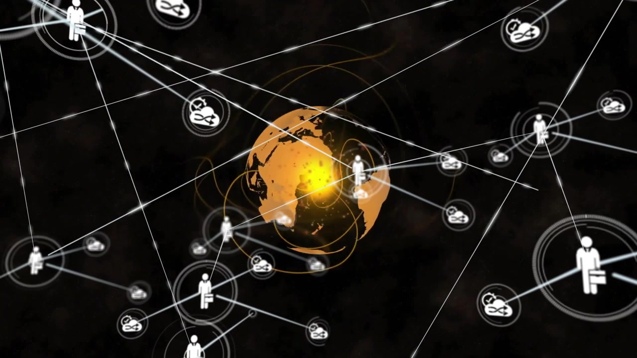 Bright yellow core pulsing starting Earth rotating while worker icons orbiting forming global web