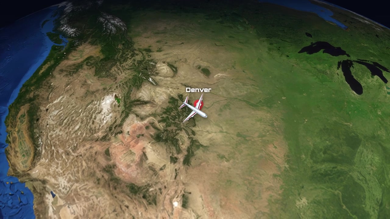 Et kommercielt fly flyver over Stillehavet fra Tokyo til Denver på en 3D-globus.