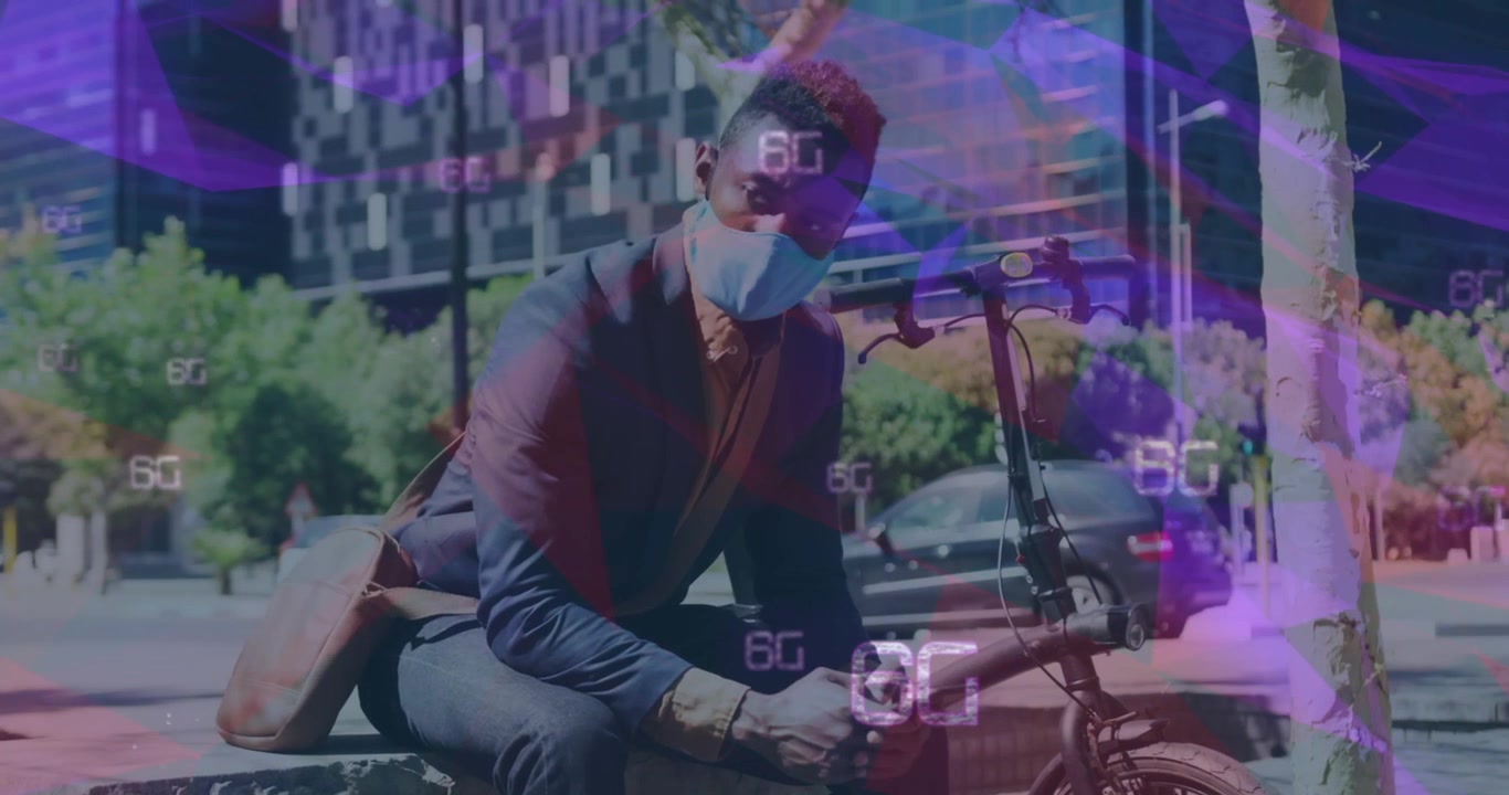 Animation von 6G-Textbannern über einem afroamerikanischen Geschäftsmann, der ein Smartphone auf der Straße benutzt