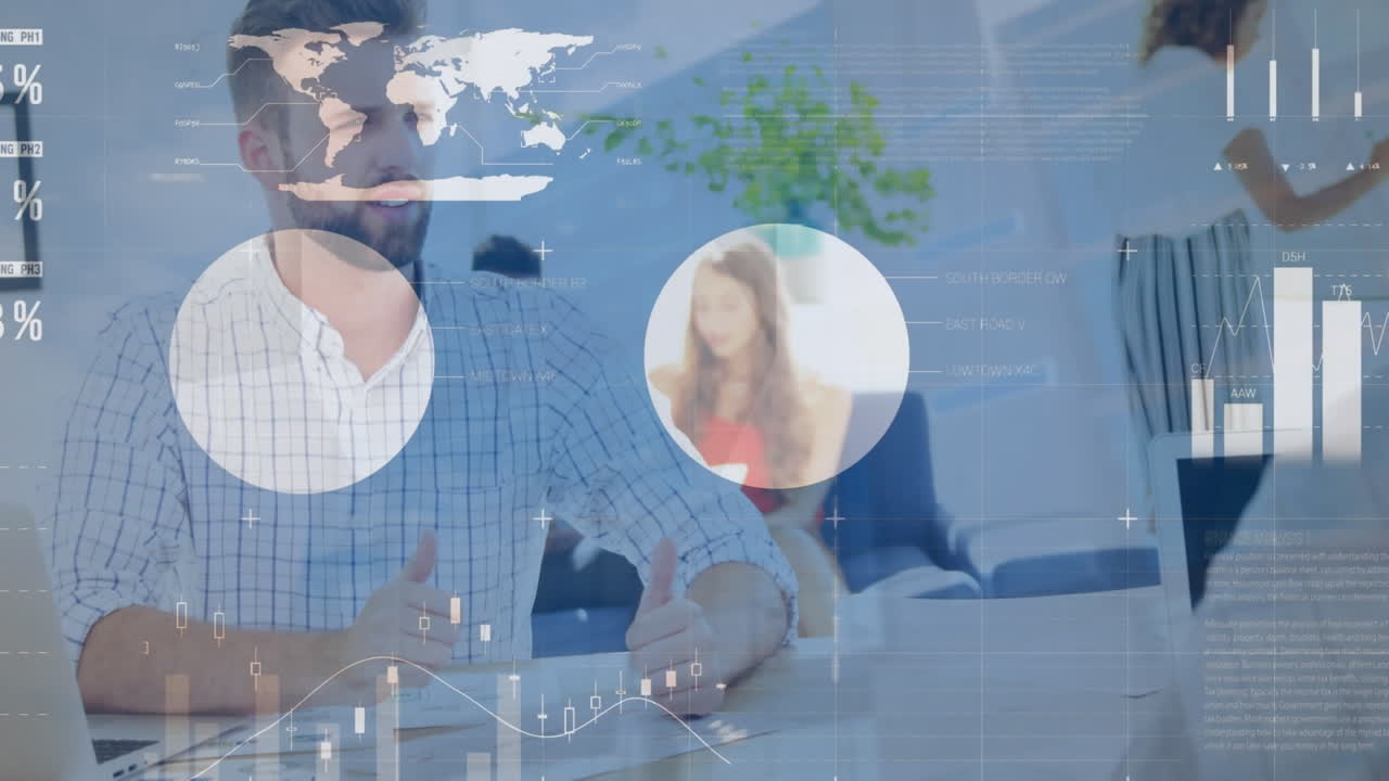 animación del procesamiento de datos financieros sobre diversas personas de negocios