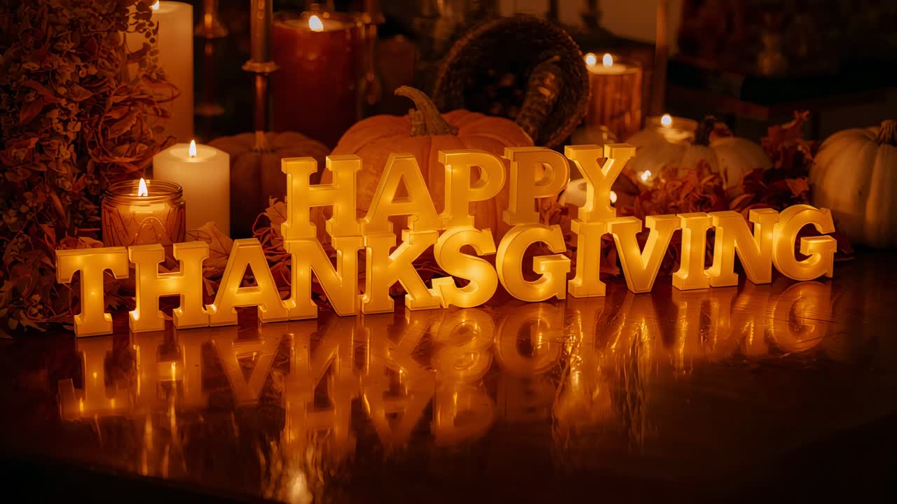 Flickering flames casting reflections on glass table, lighting HAPPY THANKSGIVING sign and pumpkins