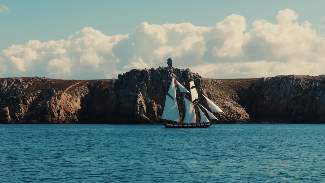 Drone-sporingsoptagelse af sejlskib der passerer Pointe de Pen Hir, Bretagne, Frankrig