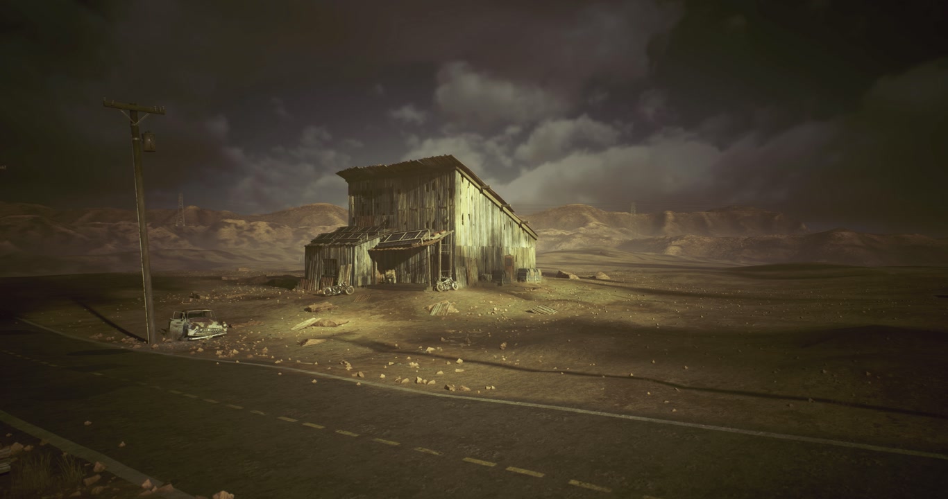 Secluded roadside refuge amidst empty roads and heavy looming sky atmosphere
