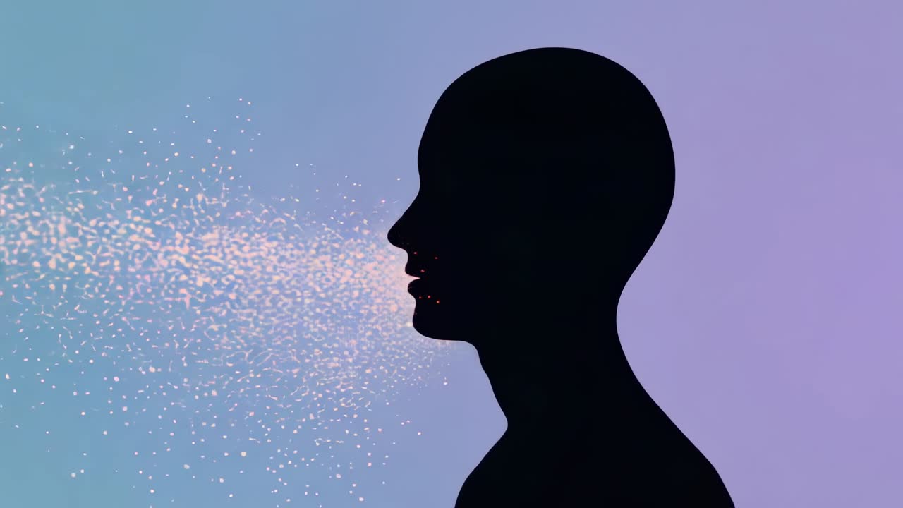 Bouche en mouvement, silhouette noire exhalant un aérosol lumineux sur un dégradé bleu-violet, espace réservé