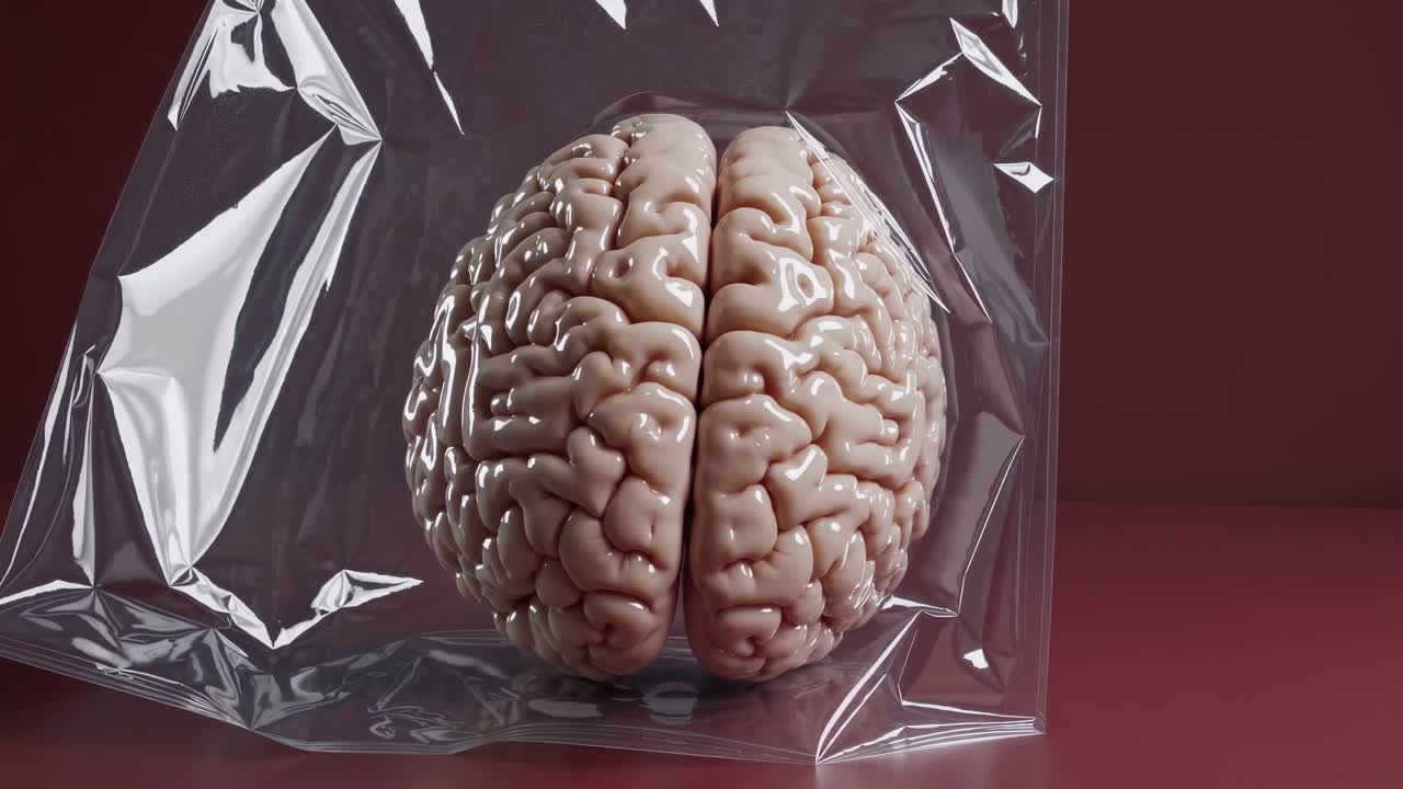 Human brain wrapped in plastic wrap lying on a red surface, representing a closed mind, lack of inspiration, and inability to think outside the box