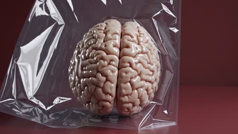 human brain wrapped in plastic wrap lying on a red surface, representing a closed mind, lack of inspiration, and inability to think outside the box