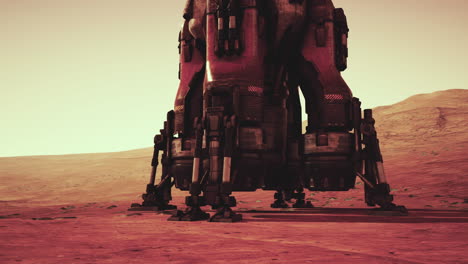 Exploration base on mars showing a robotic lander preparing for deployment
