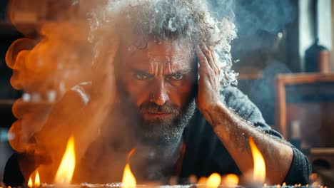 man with curly hair concentrating amid flames and smoke in workshop