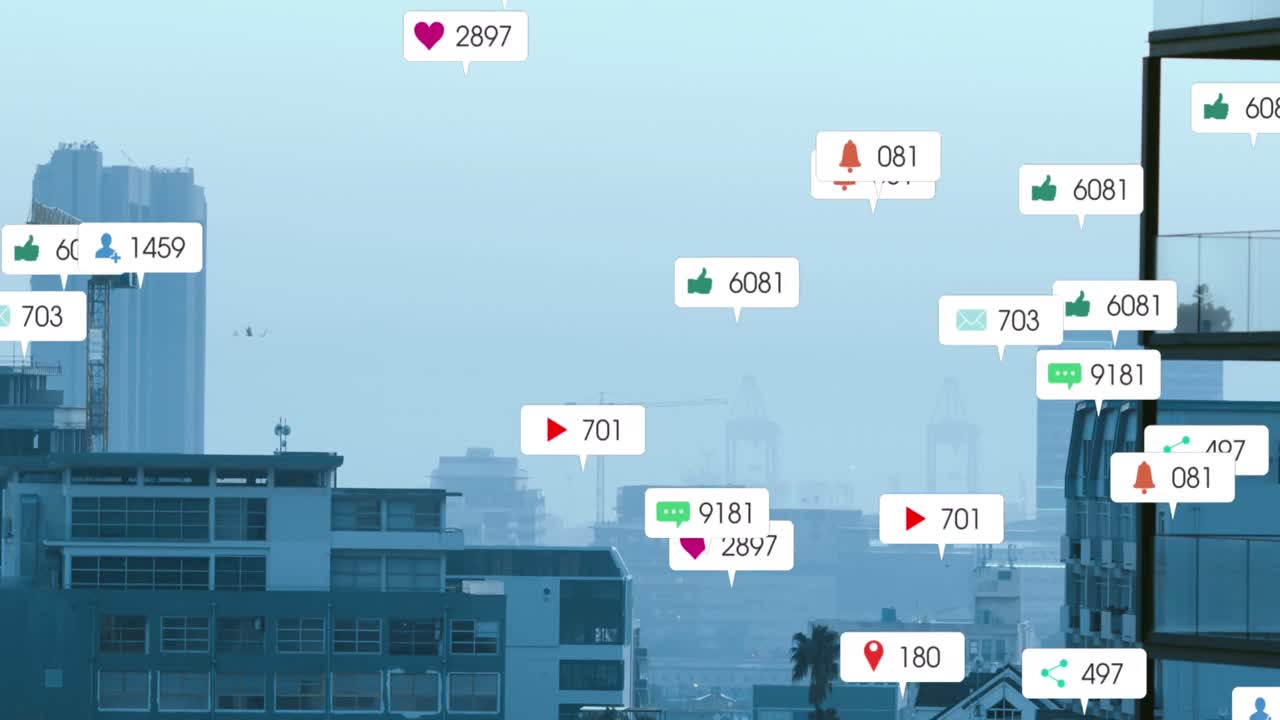 현대 도시 풍경 위의 미디어 아이콘의 애니메이션