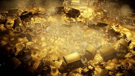 a huge ancient treasure with gold coins, gold artifacts, chests full of coins, gems and other valuable items, with dust particles, 3d animation camera zoom in