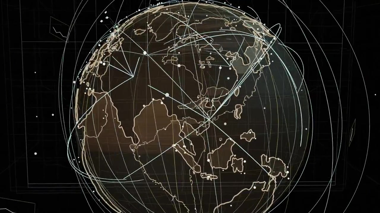 3D globe rotating, camera panning east, revealing clusters showing links for data on transparent bg