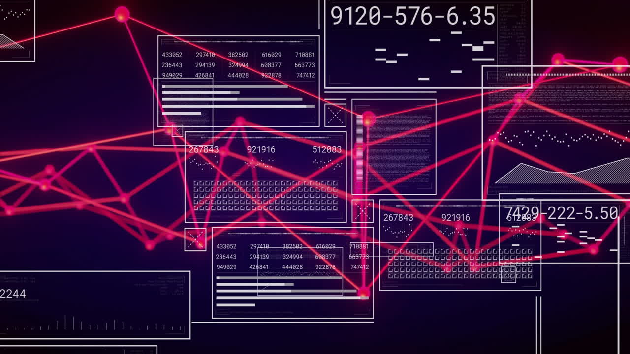 Animation of digital data network with red lines connecting information panels