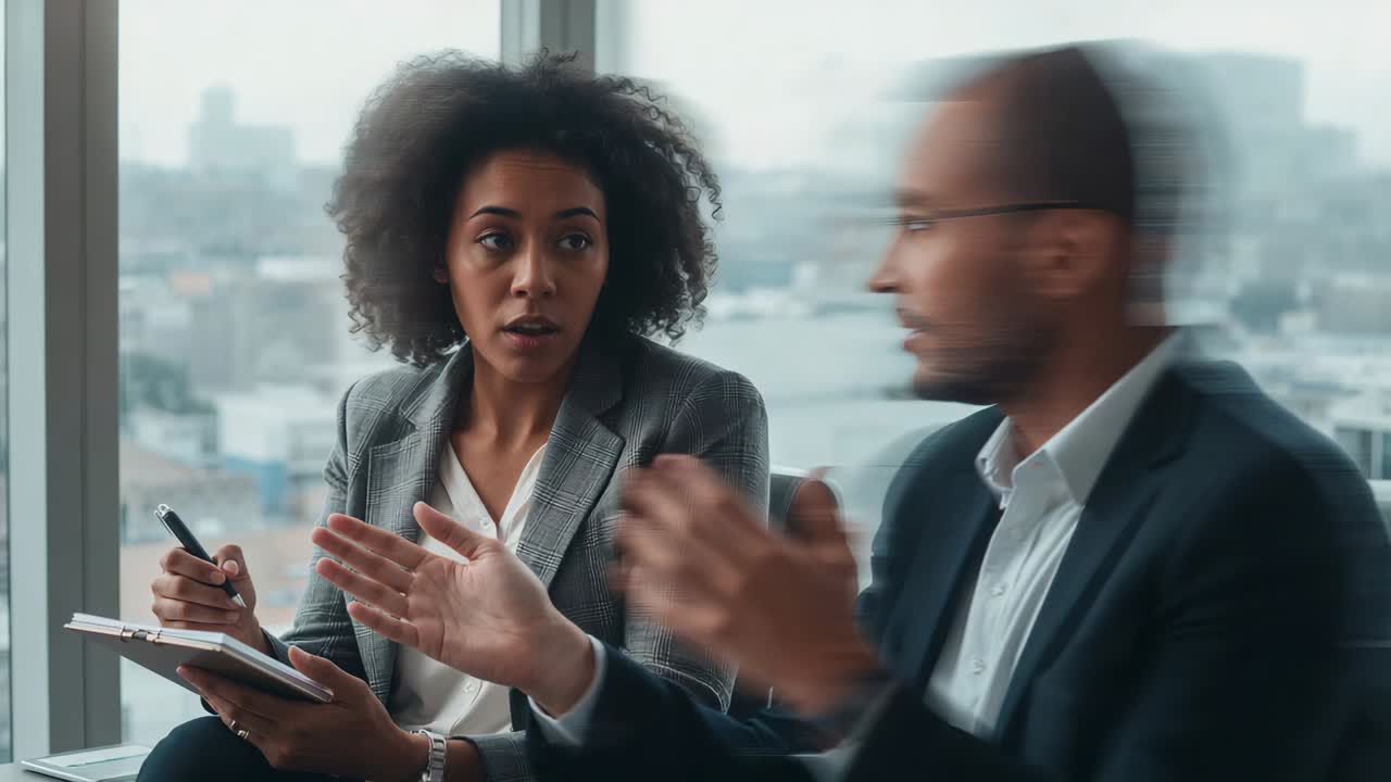 Homem se vira e gesticula para uma mulher em trajes de negócios, anotando em um bloco de notas para uma reunião perto da janela