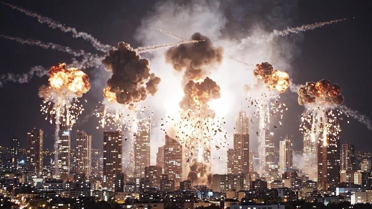 Dramatic Nighttime Skyline Display: Explosions Illuminate the City While Rockets Soar Above Amidst a Darkened Urban Landscape
