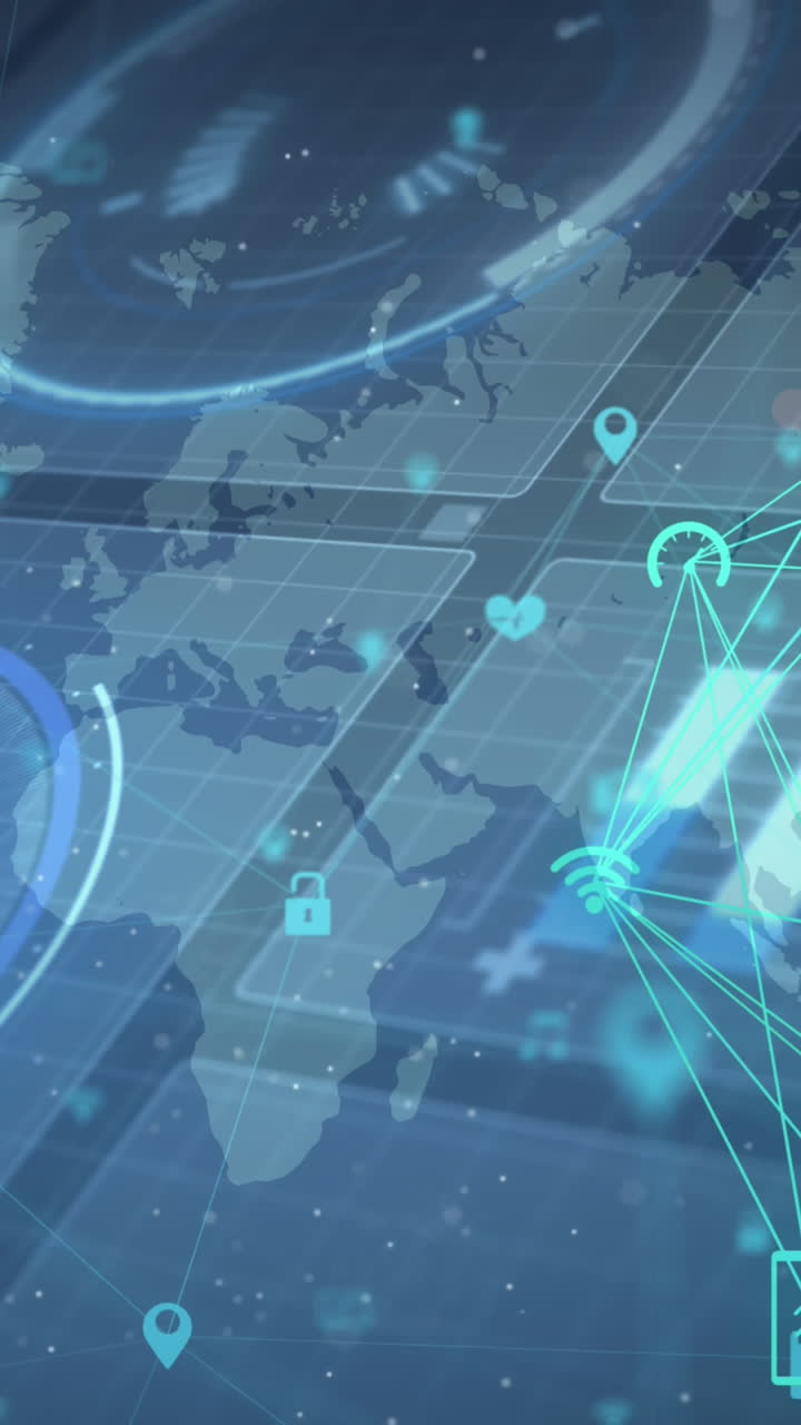 animación de la red de conexiones sobre el mapa del mundo y el círculo de procesamiento