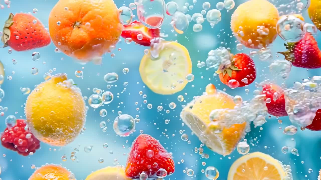Vibrant fruits captured mid-air in a close-up, underwater angle, with bubbles enhancing freshness