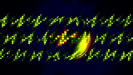 filas de zigzags pixelados con una silueta de una esfera giratoria en un fondo negro, bucle sin costuras. movimiento. símbolo de iluminación, concepto de energía
